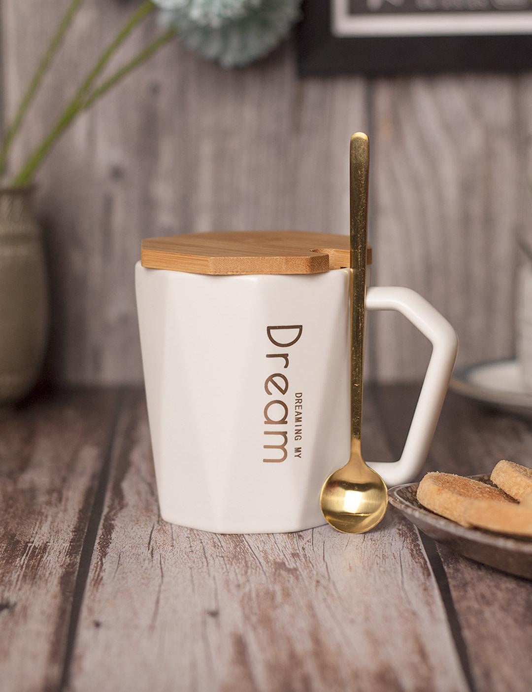 DREAMING MY Dream' Coffee Mug With Wooden Lid - White, 320 Ml - MARKET 99