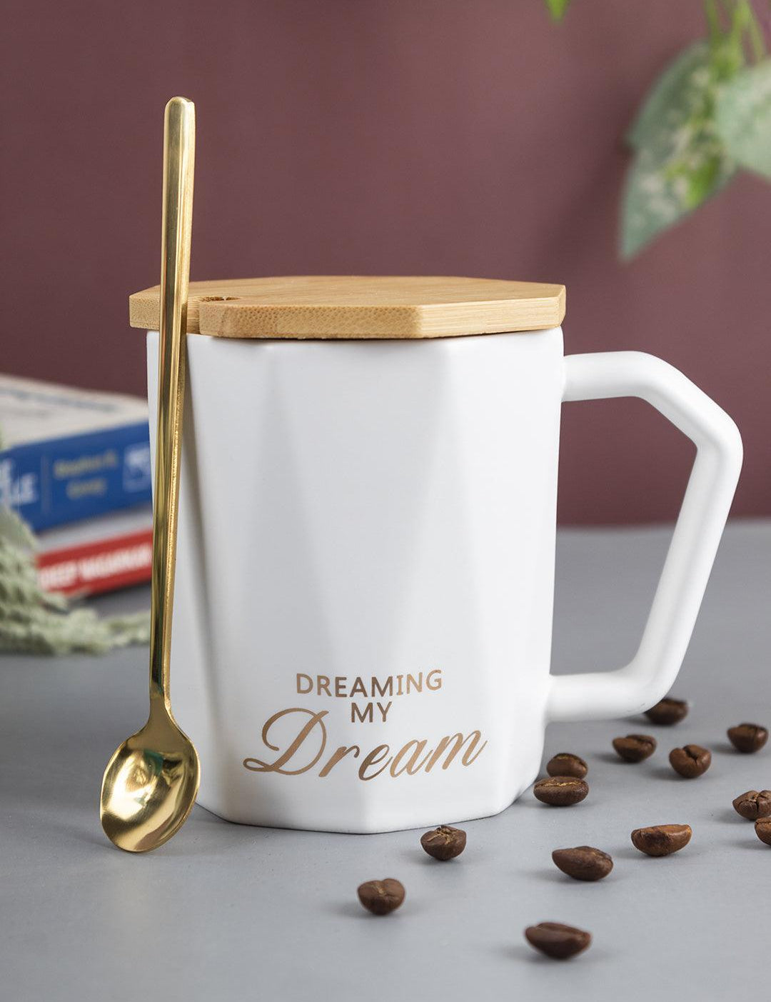 DREAMING MY Dream' Coffee Mug With Wooden Lid - White, 320 Ml - MARKET 99