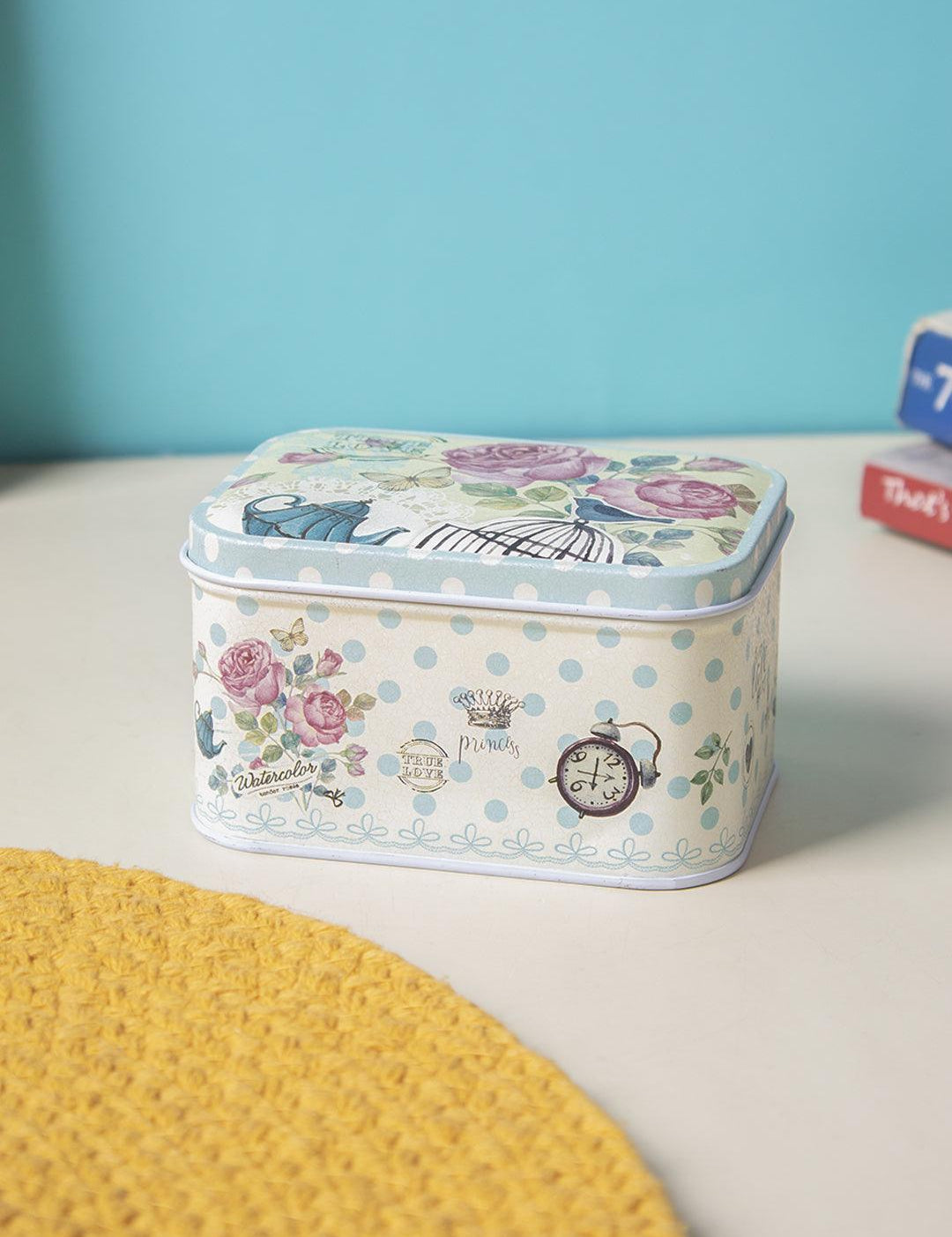 Floral Metal Tin Container Box - Blue Cyan