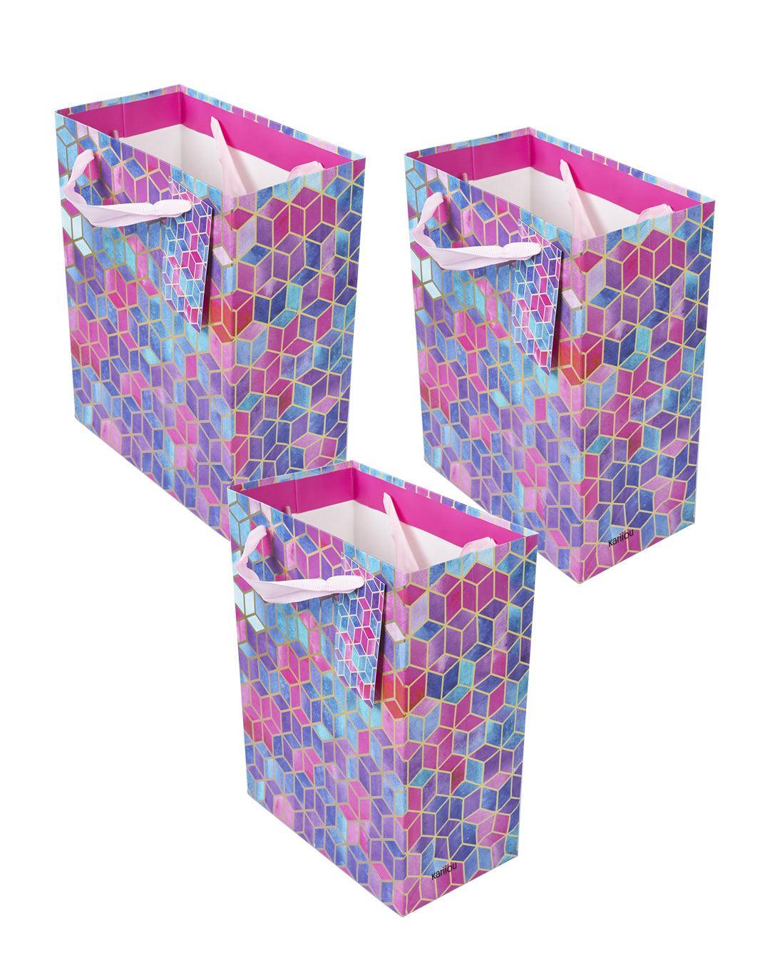 Gift Bag, 3D Tile Print, Small, Paper Bag, Multicolor, Paper, Set of 3 - MARKET 99