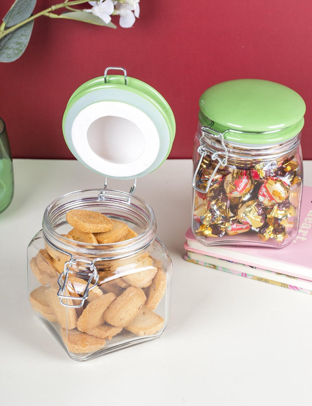 Market99 Glass Jar With Green Ceramic Lid Pack Of 2 Pcs - (Each 700 Ml) - MARKET 99