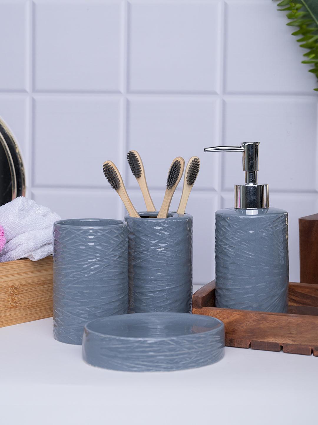 Grey Ceramic Bathroom Set Of 4 Geometric Pattern, Matte Market99