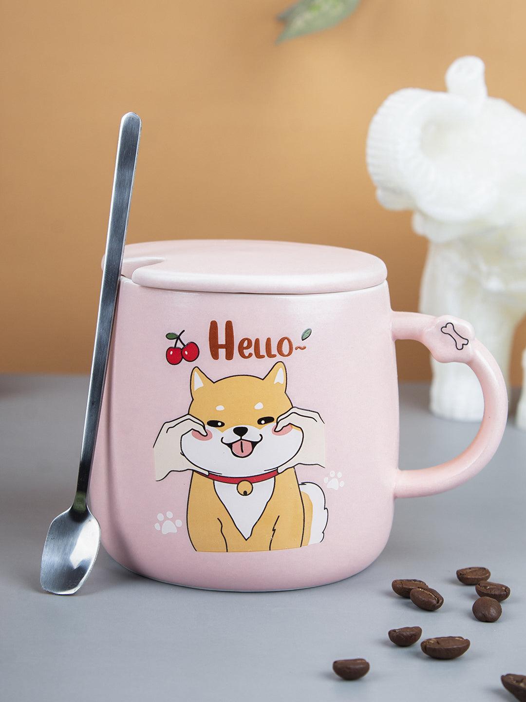 HELLO' Coffee Mug With Lid - Pink, Cat, 420 Ml