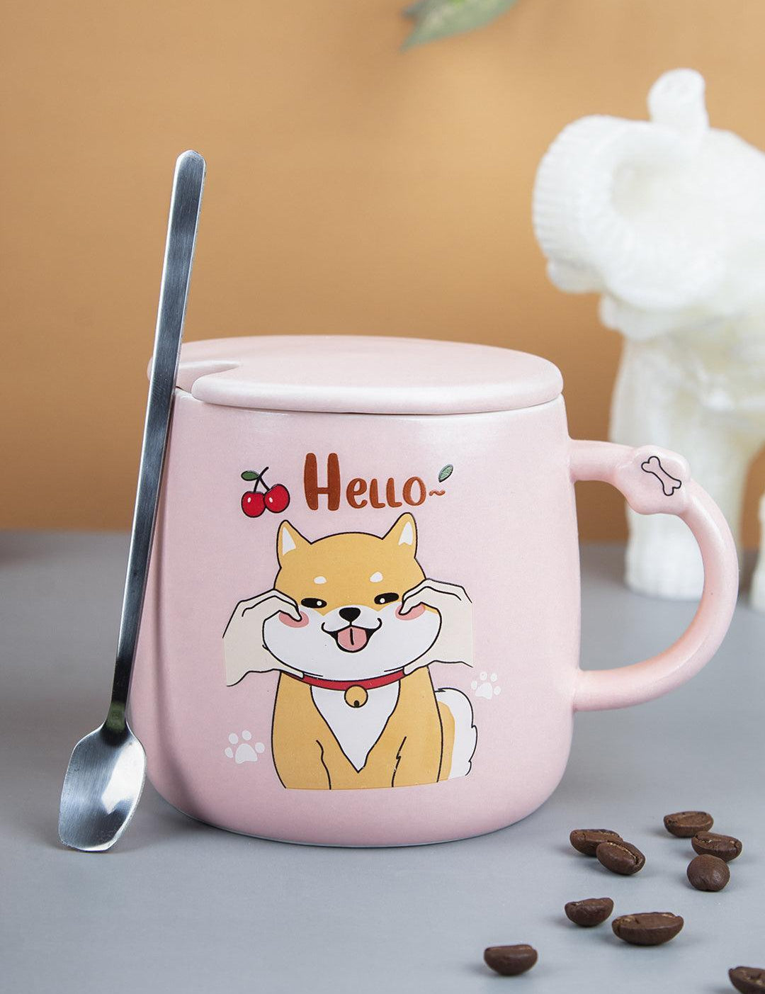 'HELLO' Coffee Mug With Lid - Pink, Cat, 420 Ml - MARKET 99