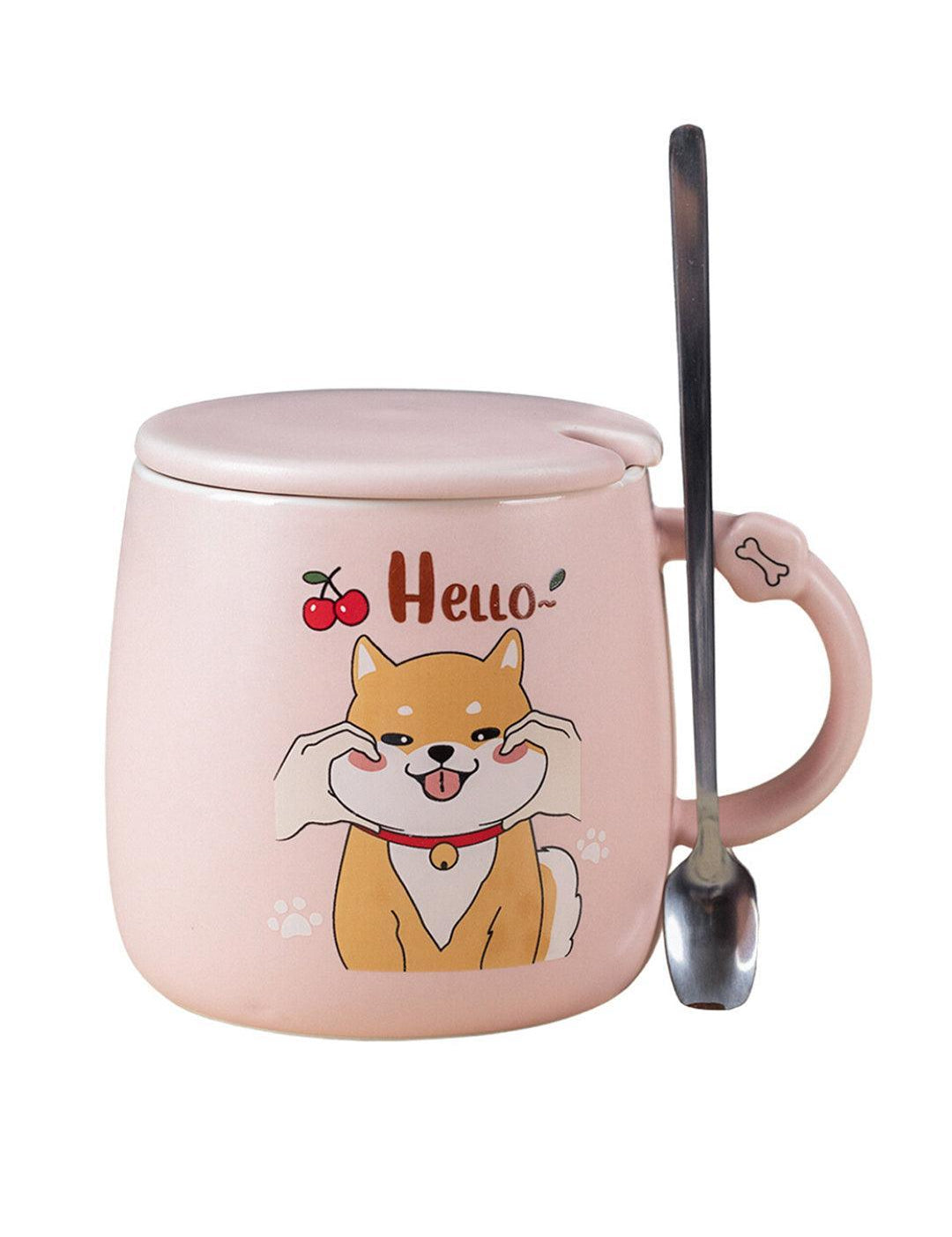 'HELLO' Coffee Mug With Lid - Pink, Cat, 420 Ml - MARKET 99