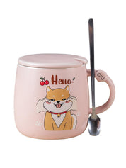 'HELLO' Coffee Mug With Lid - Pink, Cat, 420 Ml - MARKET 99