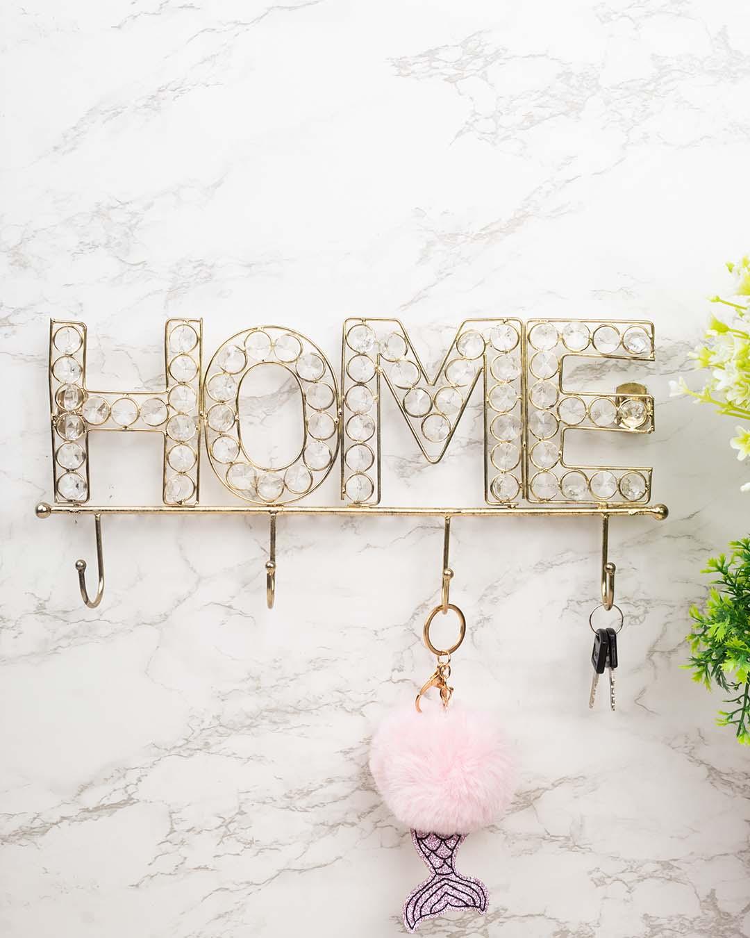 "HOME Sign" Silver Crystal Wall Mounted Decor Hook, 4 Hooks, Golden, Iron
