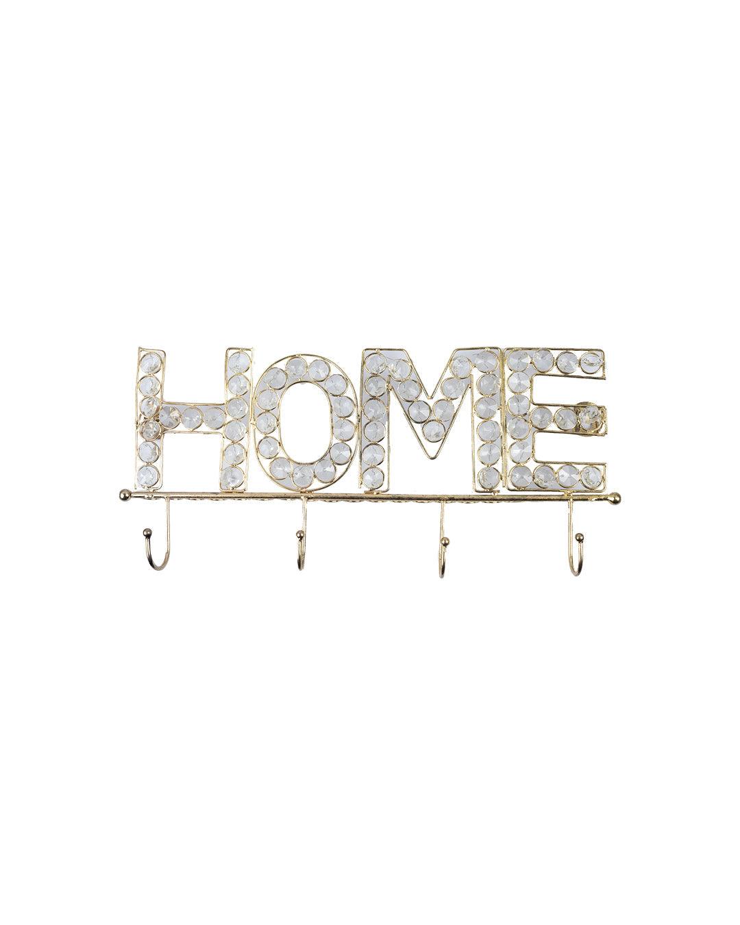 "HOME Sign" Silver Crystal Wall Mounted Decor Hook, 4 Hooks, Golden, Iron
