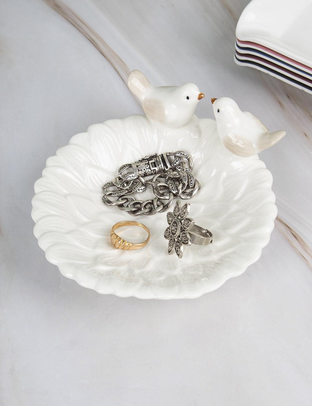 Jewellery Holder Tray, Crafted Bird, for Dressing Table, Ring Dash, Round, White, Ceramic - MARKET 99