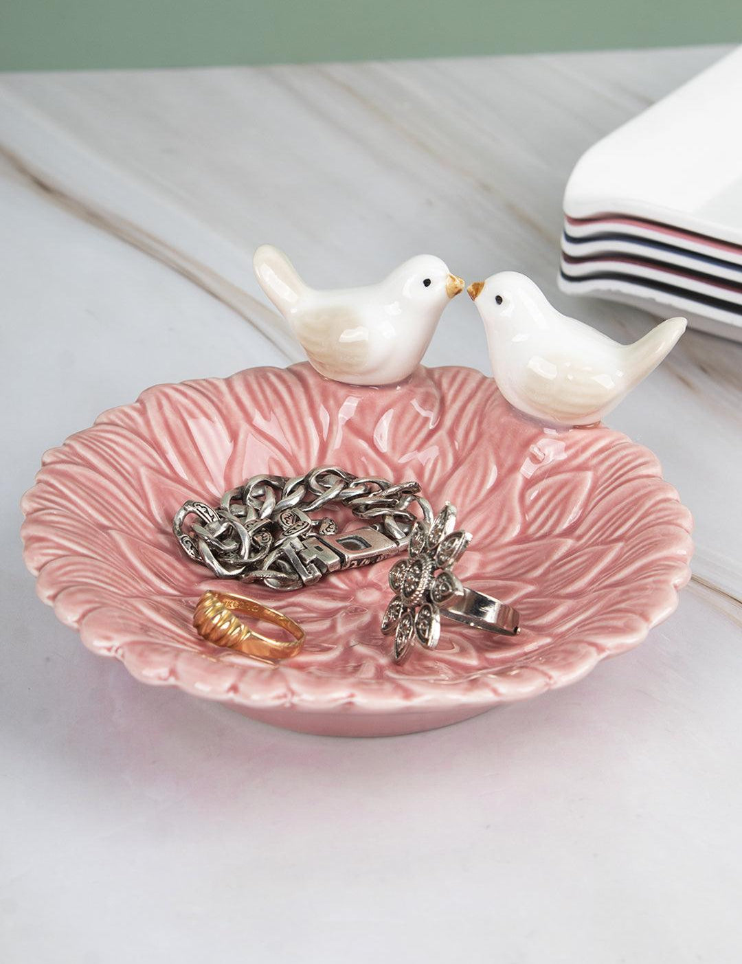Jewellery Holder Tray, Crafted Bird, for Dressing Table, Ring Dash, Round, White, Ceramic - MARKET 99