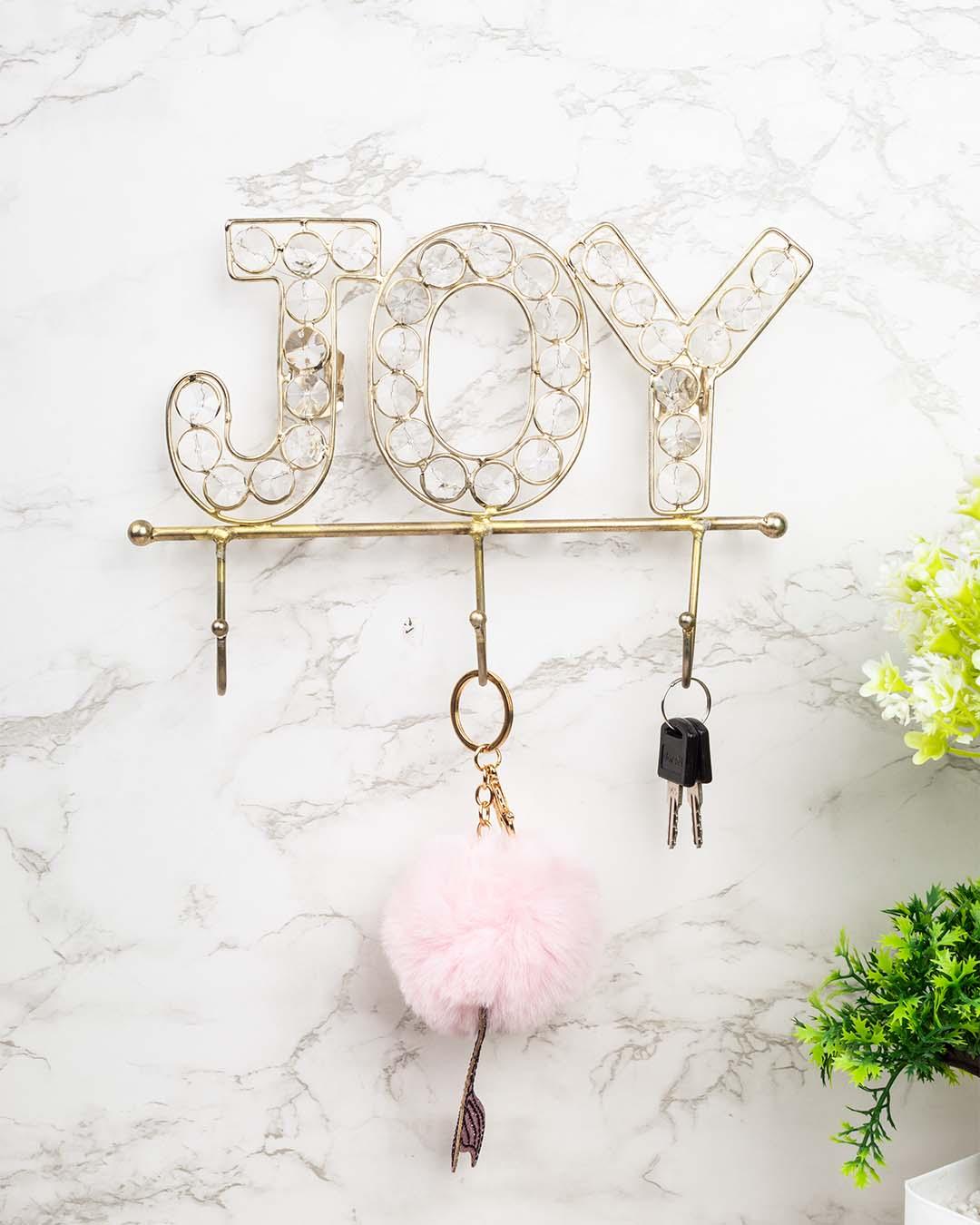 "JOY Sign" Silver Crystal Decor Wall Mounted Hook, 4 Hooks, Golden, Iron