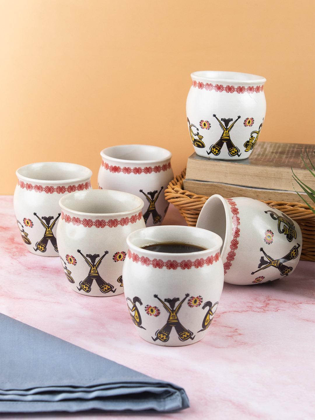Kulhads, Hand Painted, Handmade, Indian Traditional Style Kulhad, Off White Colour, Ceramic, Set of 6, 130 mL - MARKET 99
