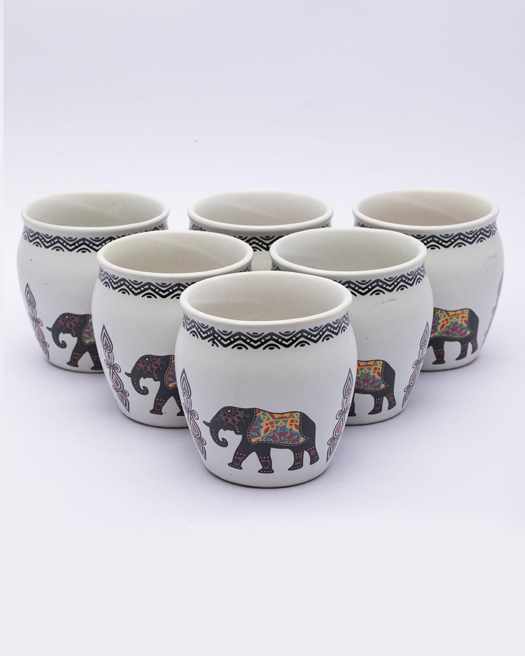Kulhads, Hand Painted, Handmade, Indian Traditional Style Kulhad, Off White Colour, Ceramic, Set of 6, 130 mL - MARKET 99