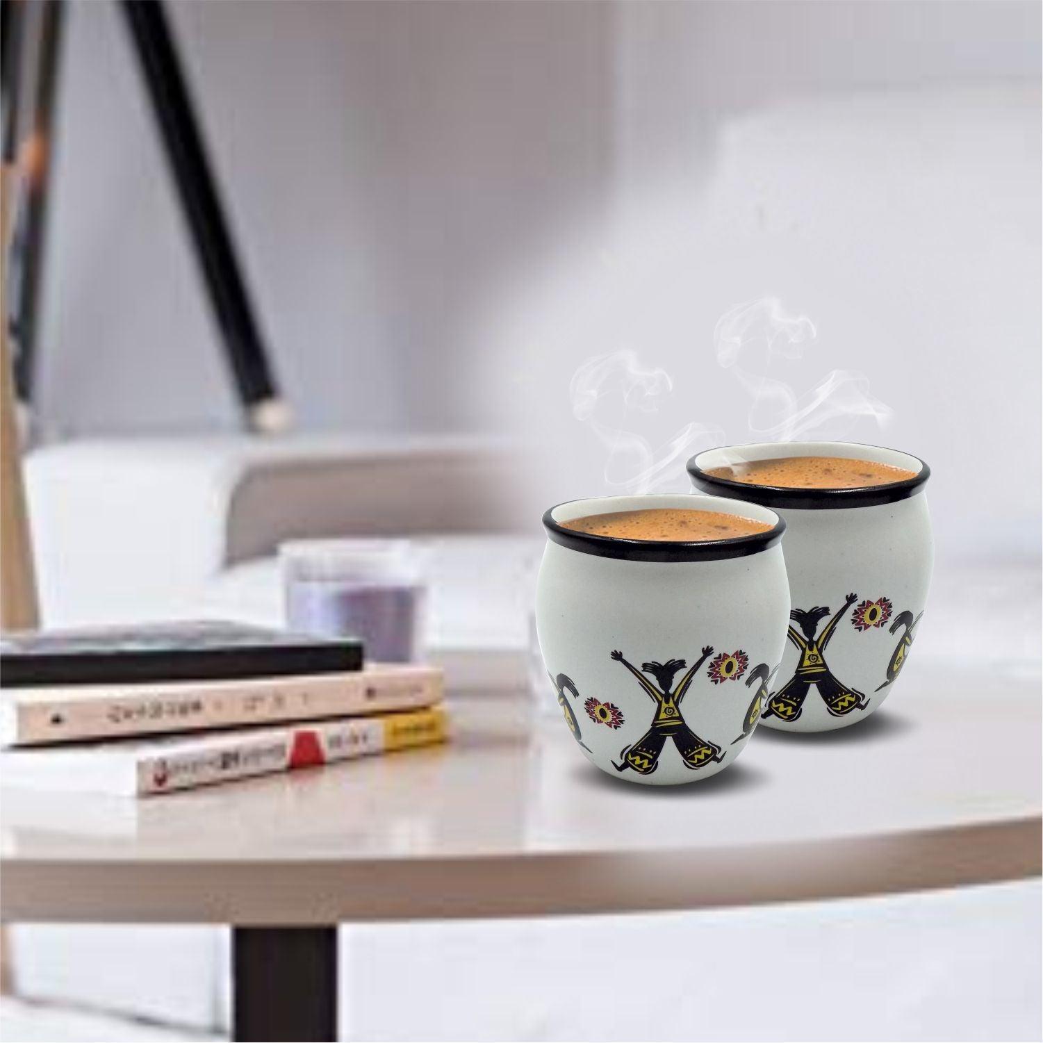 Kulhads, Hand Painted, Handmade, Indian Traditional Style Kulhad, Off White Colour, Ceramic, Set of 6, 130 mL - MARKET 99