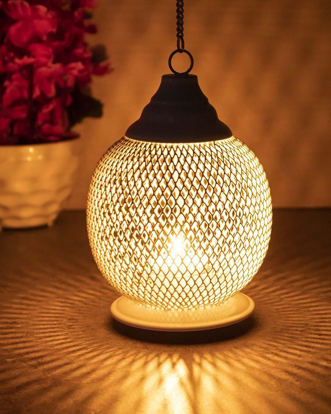 Lighting Hanging T-Light Holder, Diwali Decor, White, Iron - MARKET 99