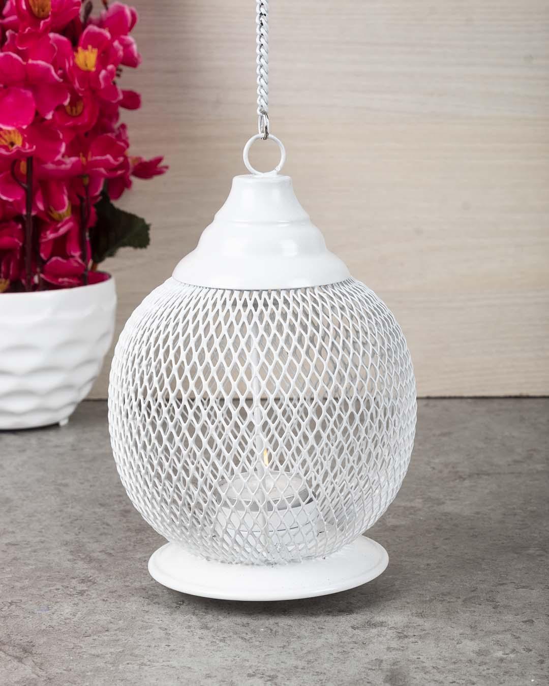 Lighting Hanging T-Light Holder, Diwali Decor, White, Iron - MARKET 99