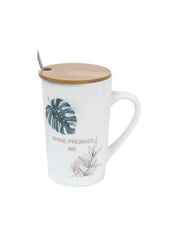 MAKE PROMISE ME' Coffee Mug With Wooden Lid and Spoon - White, 450mL