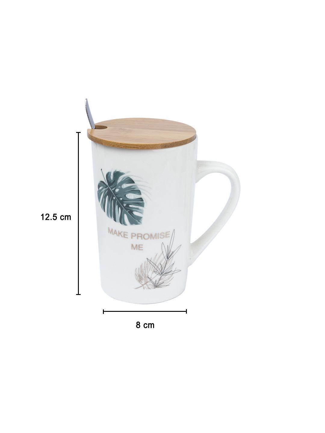 MAKE PROMISE ME' Coffee Mug With Wooden Lid and Spoon - White, 450mL