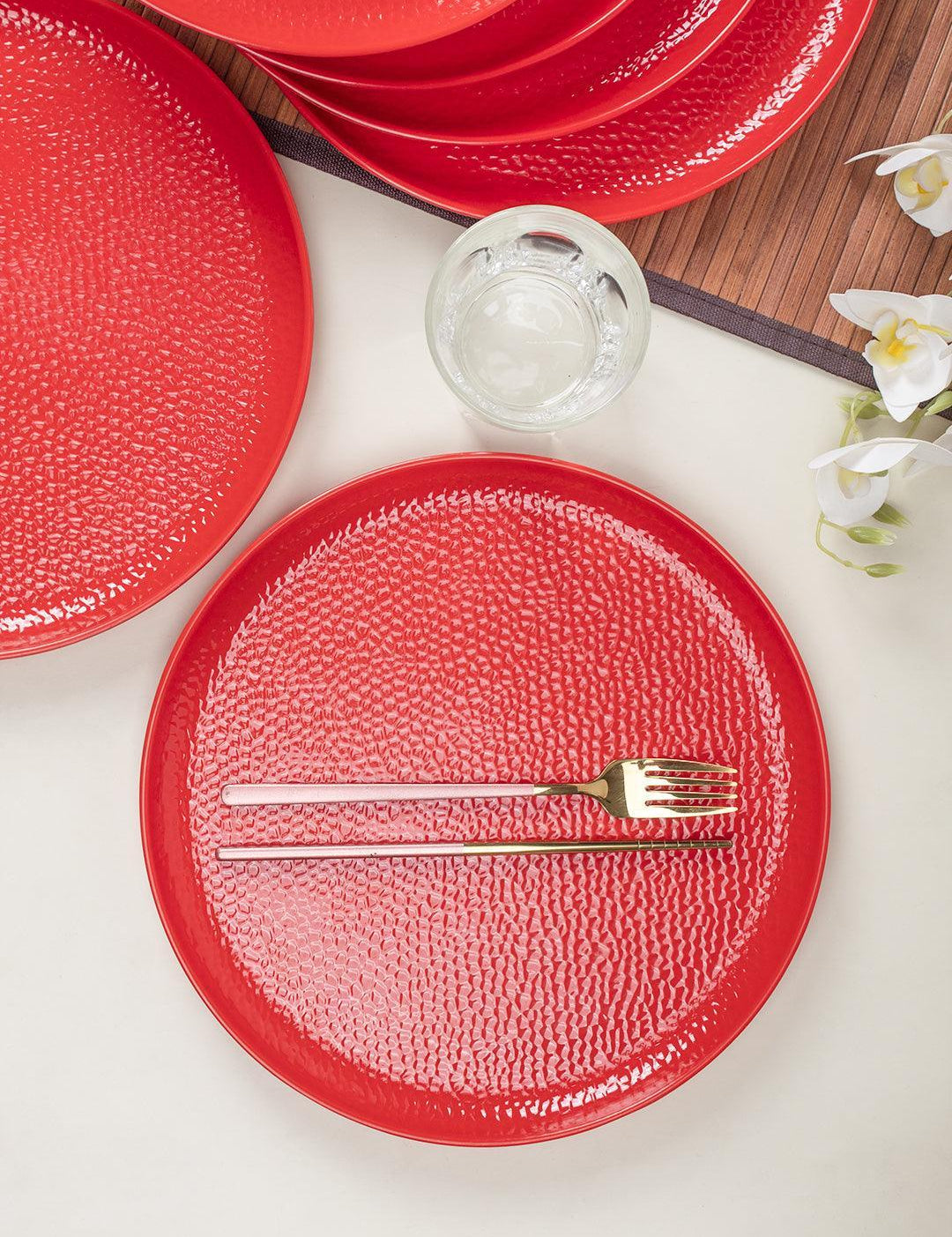 Market 99 Hammered Melamine Tableware Red Glossy Finish Full Plates for Dining Table (Set Of 6, Red) - MARKET 99