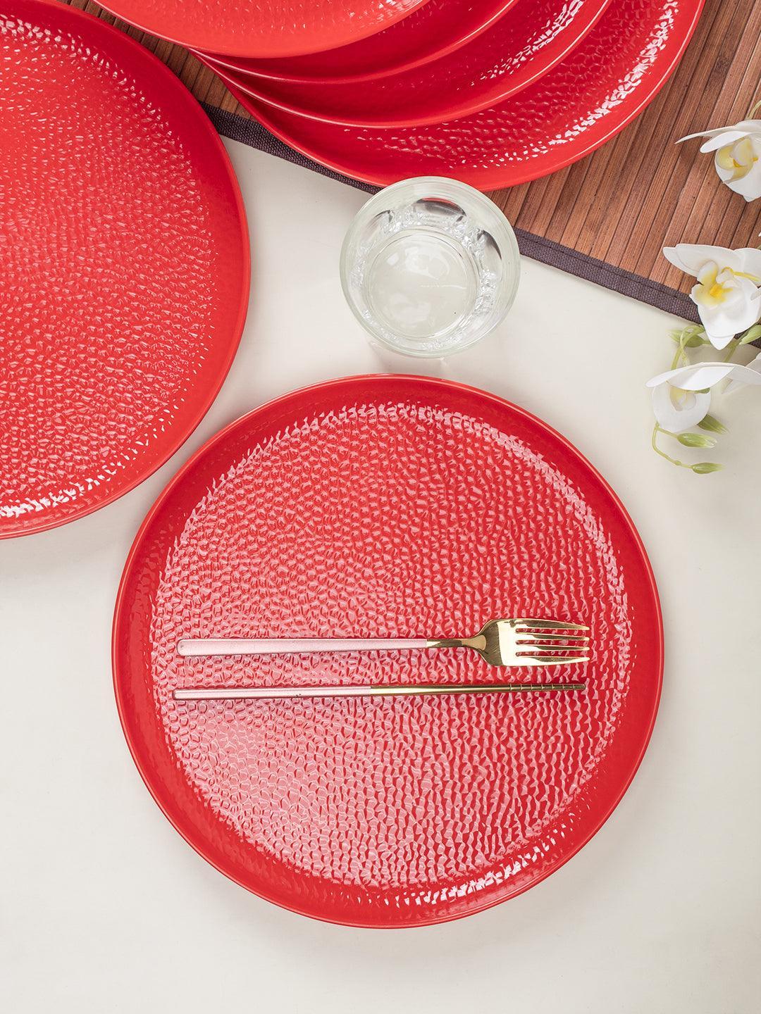 Market 99 Hammered Melamine Tableware Red Glossy Finish Full Plates for Dining Table (Set Of 6, Red) - MARKET 99