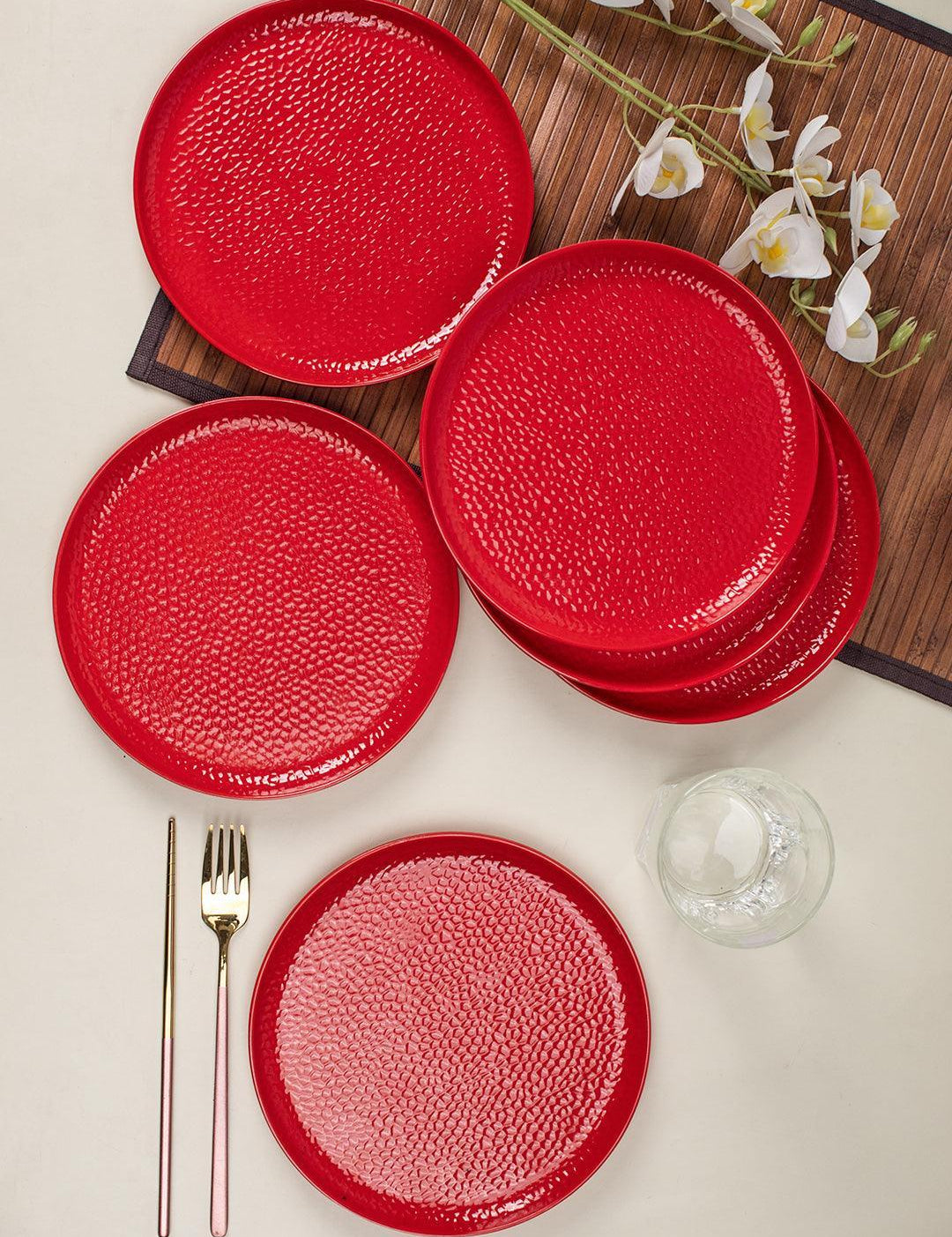 Market 99 Hammered Melamine Tableware Red Glossy Finish Quarter Plates for Dining Table (Set Of 6, Red) - MARKET 99