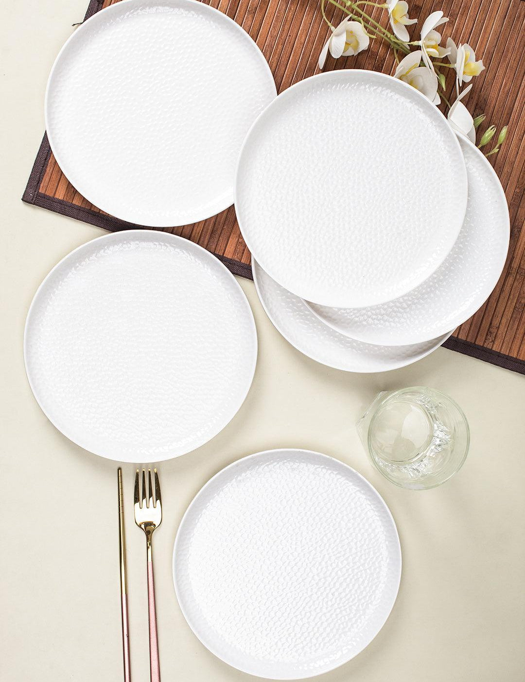Market 99 Hammered Melamine Tableware White Glossy Finish Full Plates for Dining Table (Set Of 6, White) - MARKET 99