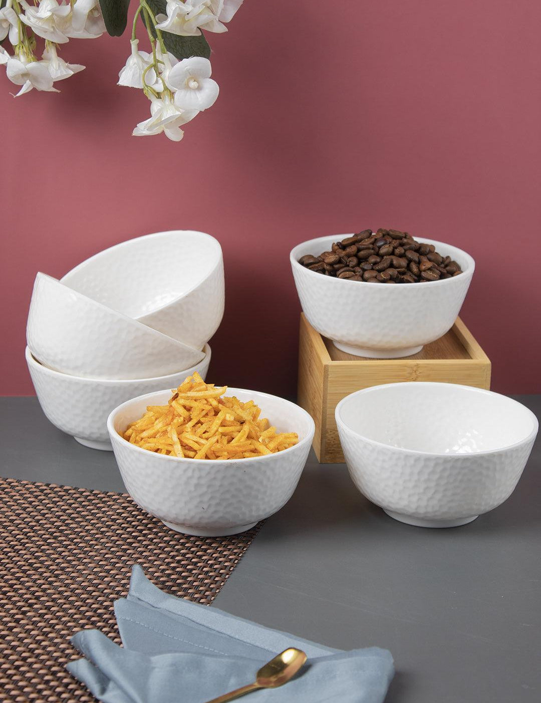 Market 99 Hammered Melamine Tableware White Glossy Finish Soup Bowls for Dining Table (Set Of 6, 300 mL ) - MARKET 99