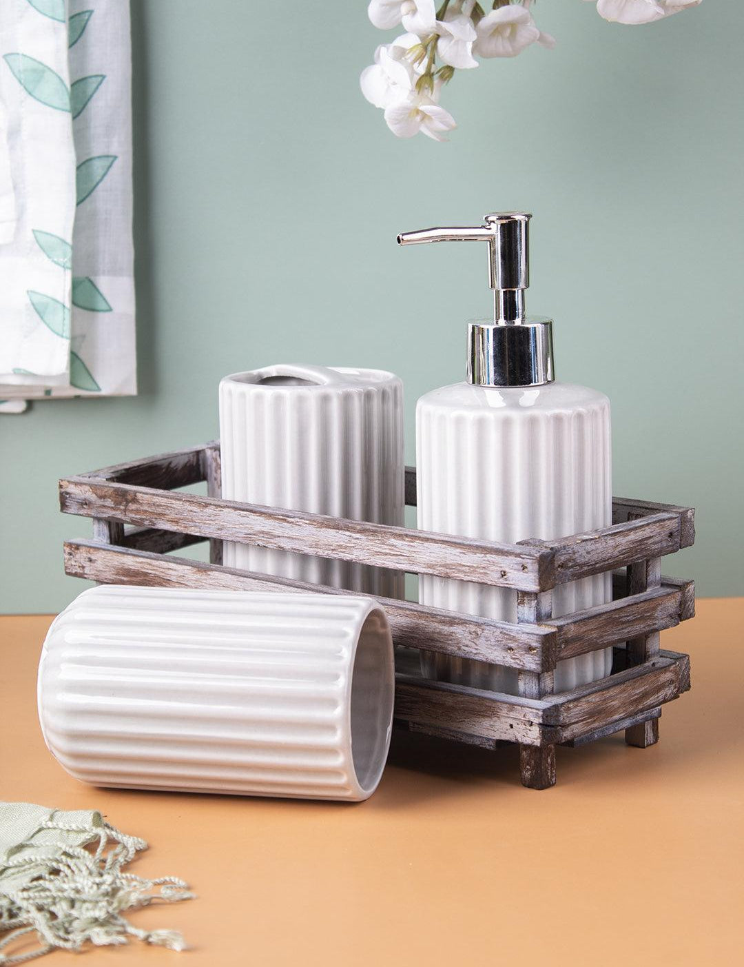 Market99 Bathroom Set, Rust Proof Chrome Finish, with Wooden Top, White, Ceramic - MARKET 99