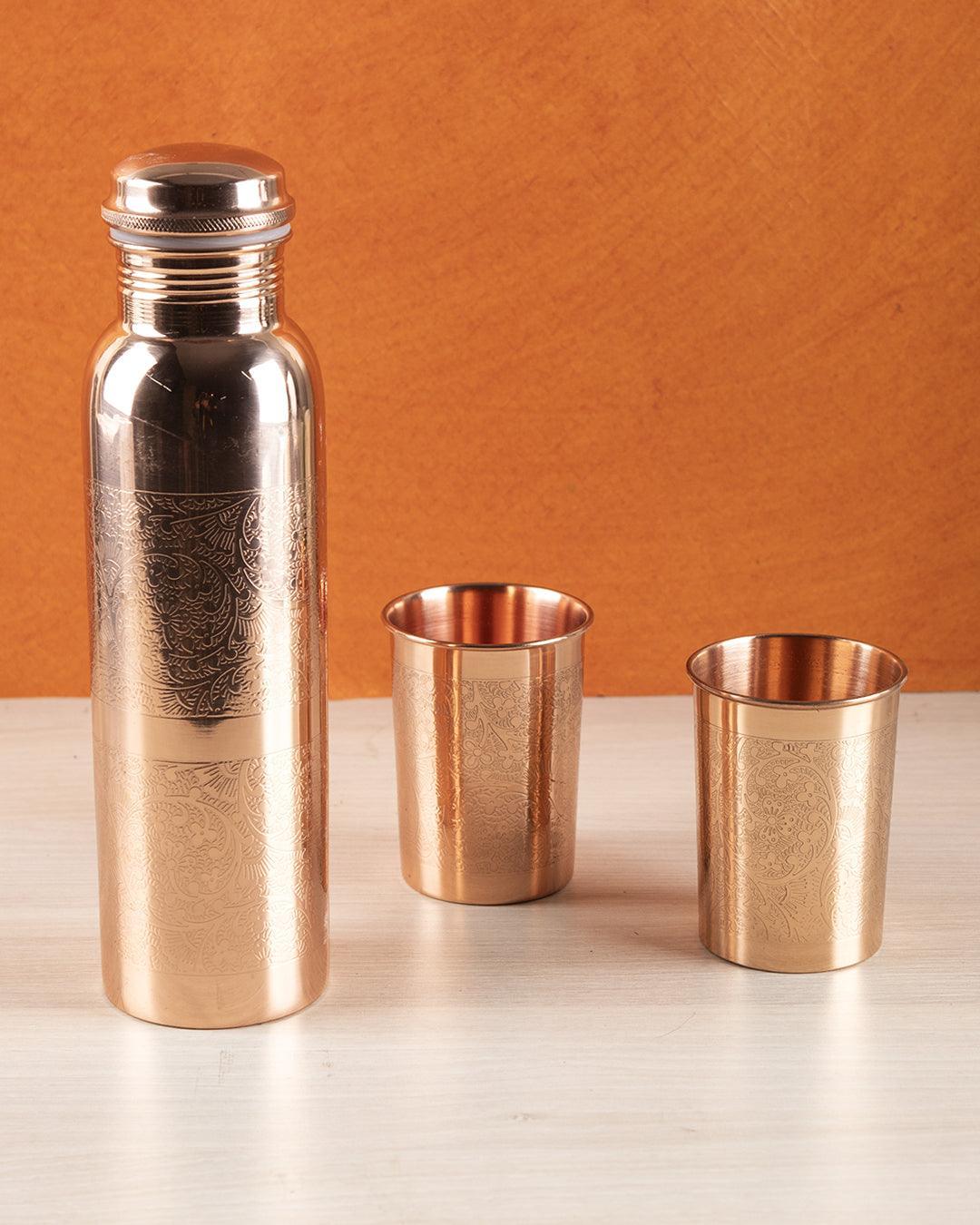 Market99 Bottle with Tumbler Set, 1 Bottle, 2 Tumblers, Copper, Set of 3, 1 Litre - MARKET 99
