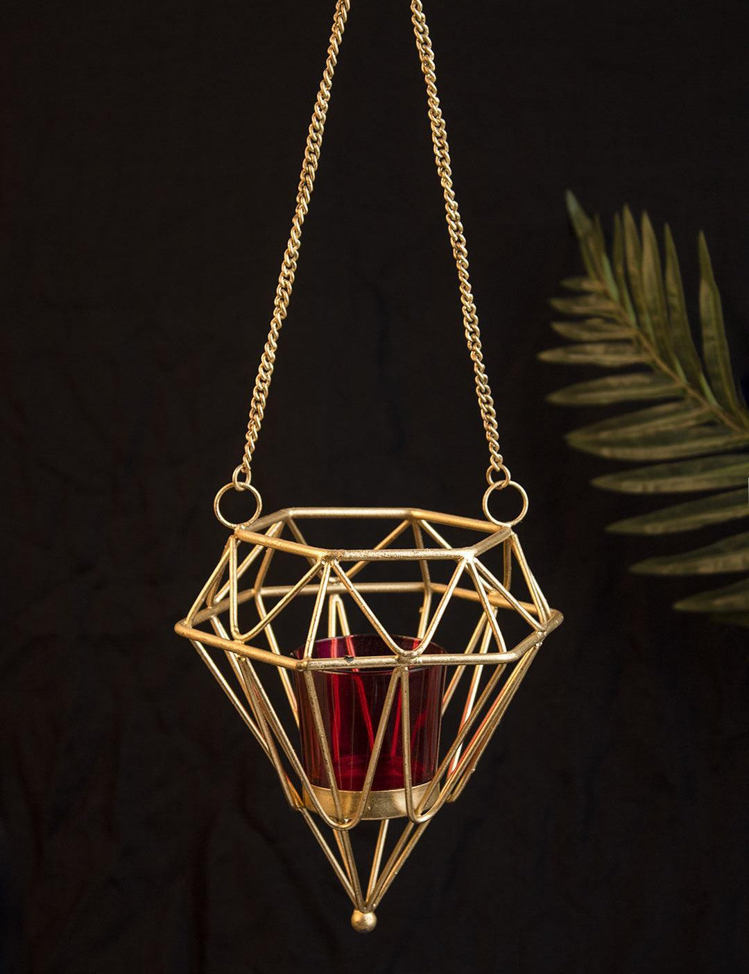 Market99 Hanging T-Light Candle Holder, Diamond Shape, Gold Finish, Mild Steel - MARKET 99