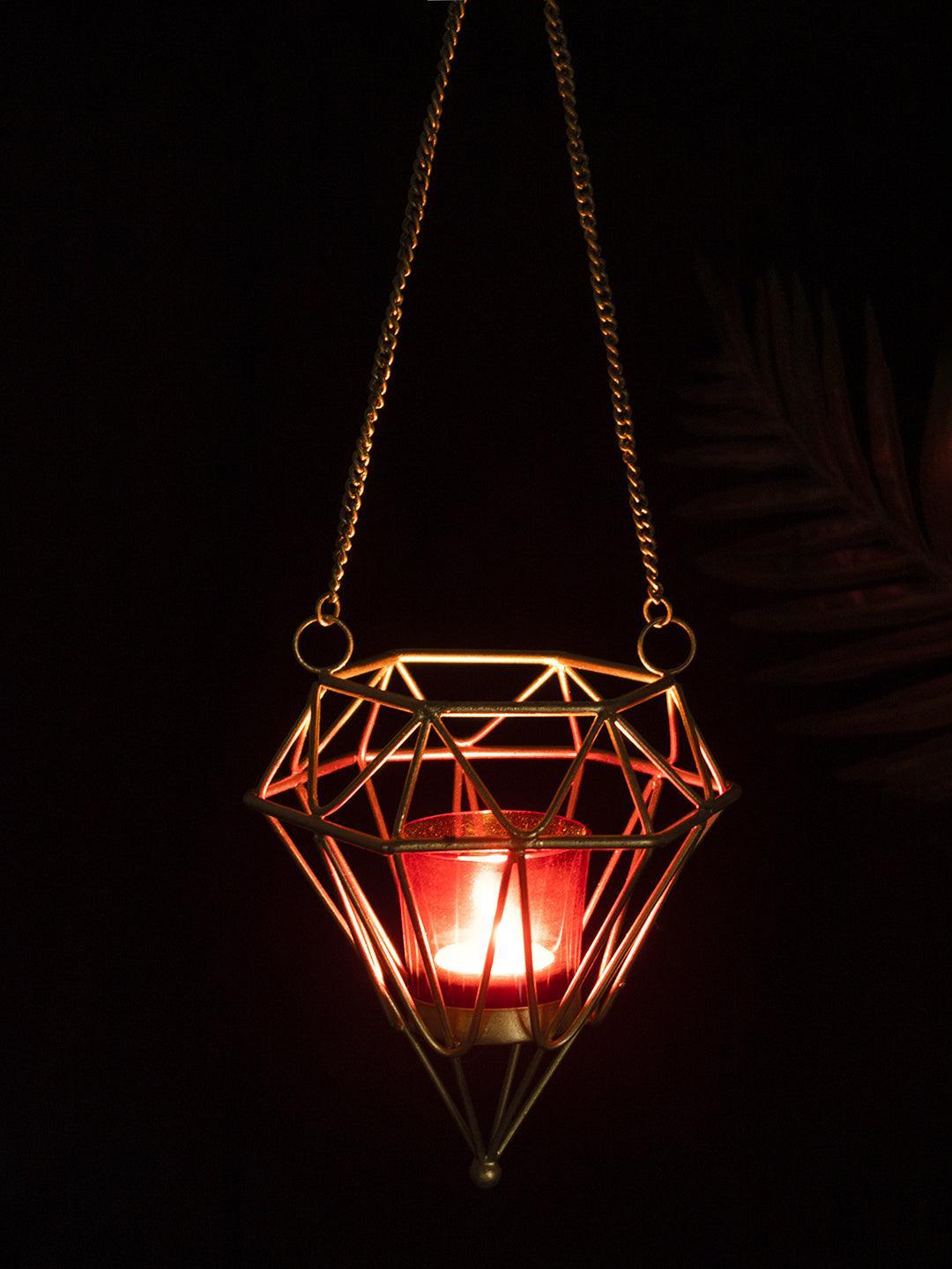 Market99 Hanging T-Light Candle Holder, Diamond Shape, Gold Finish, Mild Steel - MARKET 99