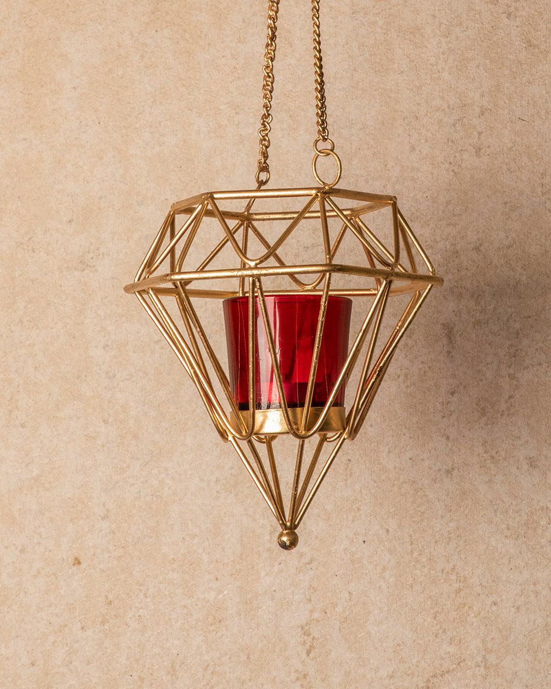 Market99 Hanging T-Light Candle Holder, Diamond Shape, Gold Finish, Mild Steel - MARKET 99
