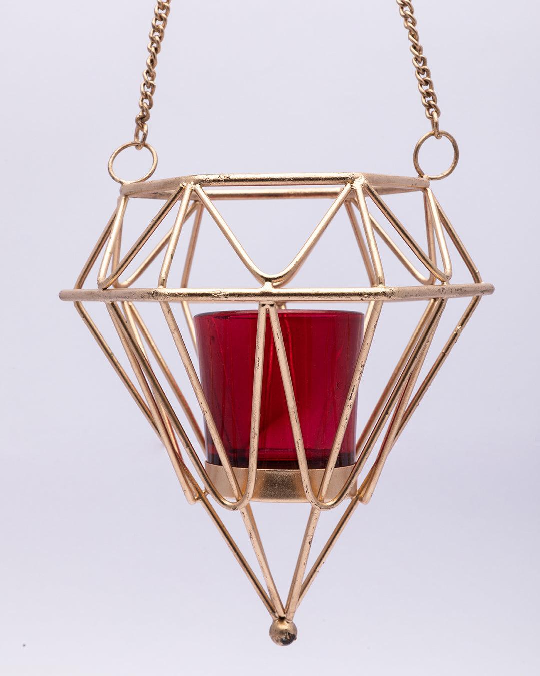 Market99 Hanging T-Light Candle Holder, Diamond Shape, Gold Finish, Mild Steel - MARKET 99