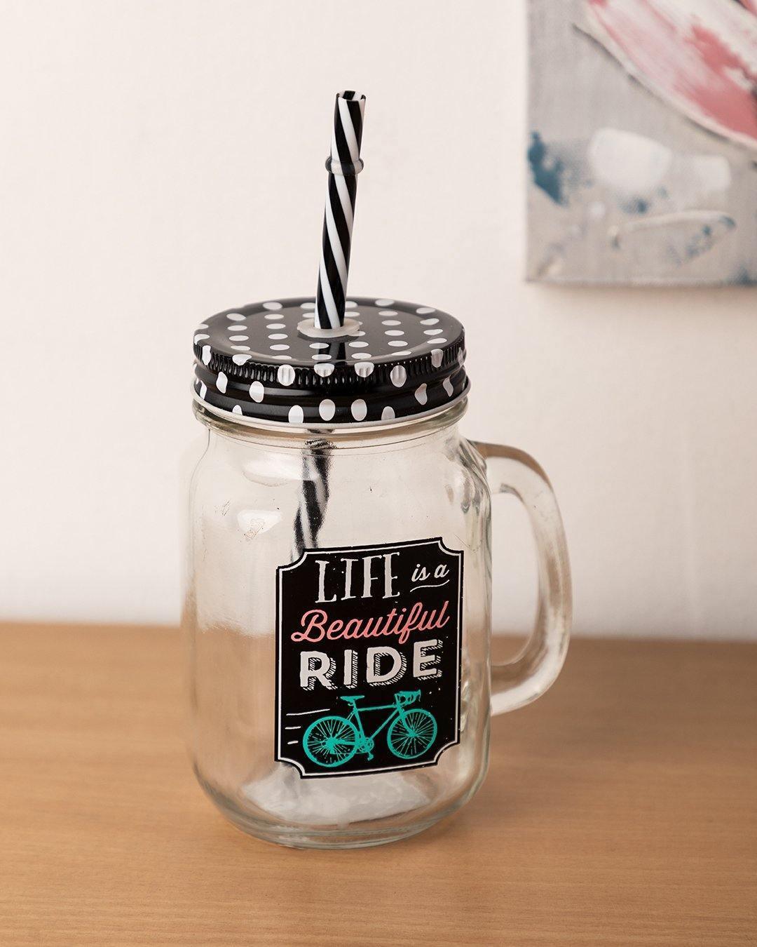 Mason Jar, with Straw & Lid, Black, Glass, 450 mL - MARKET 99