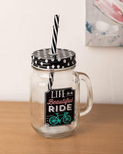 Mason Jar, with Straw & Lid, Black, Glass, 450 mL - MARKET 99