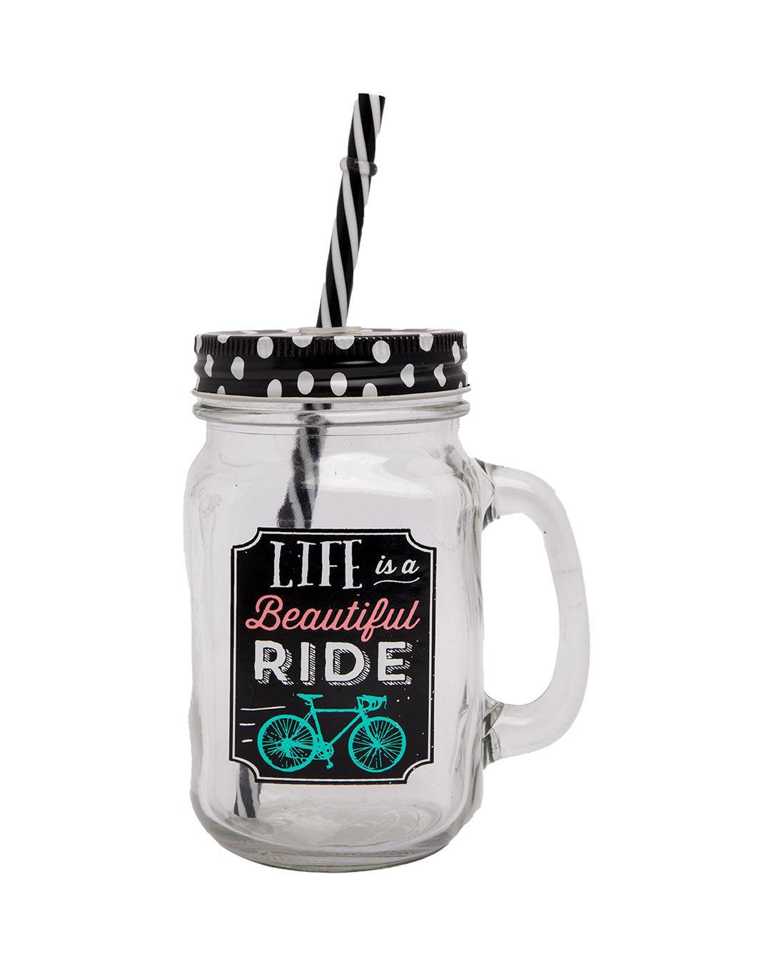 Mason Jar, with Straw & Lid, Black, Glass, 450 mL - MARKET 99