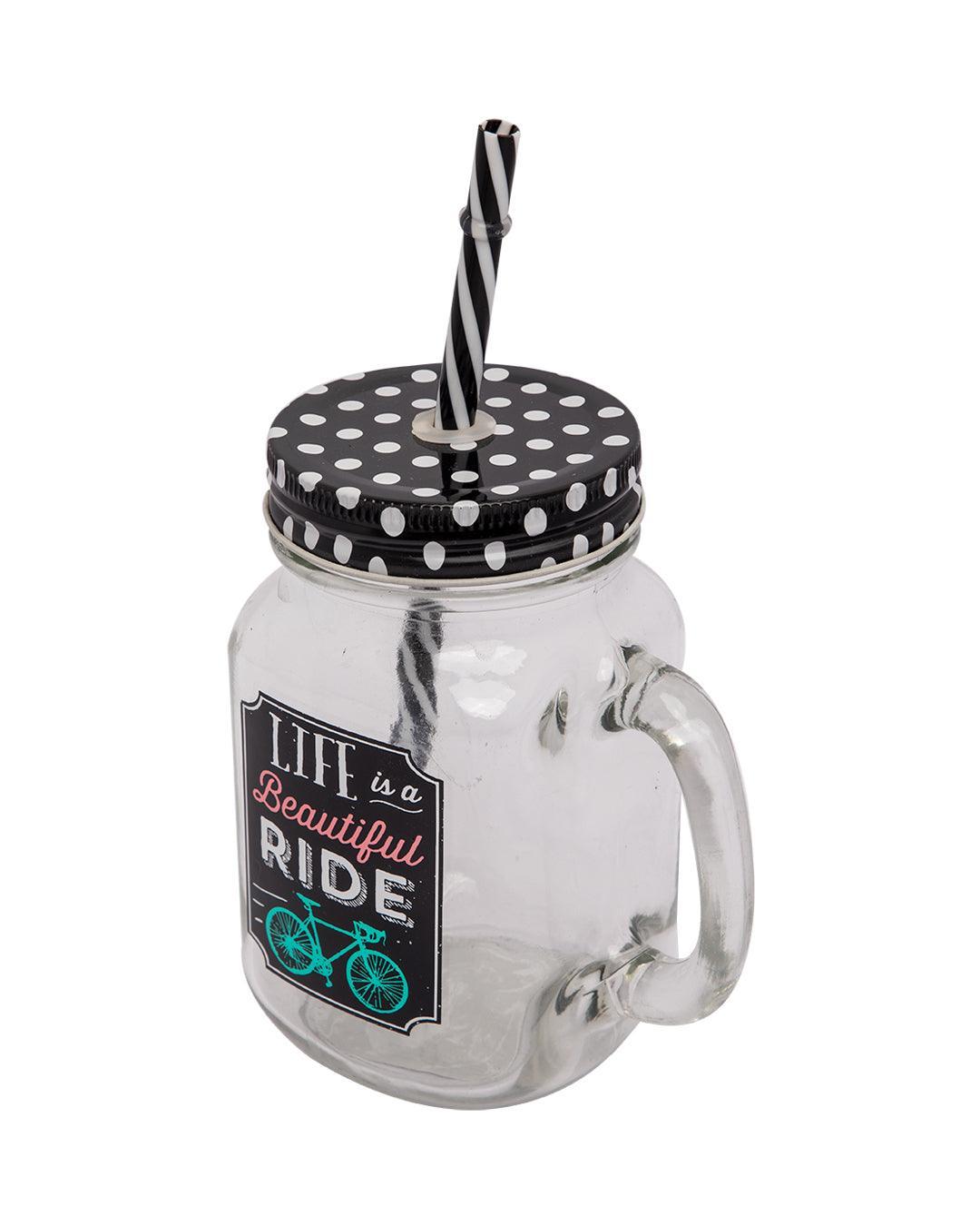 Mason Jar, with Straw & Lid, Black, Glass, 450 mL - MARKET 99