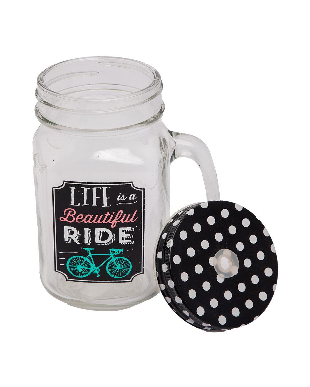 Mason Jar, with Straw & Lid, Black, Glass, 450 mL - MARKET 99