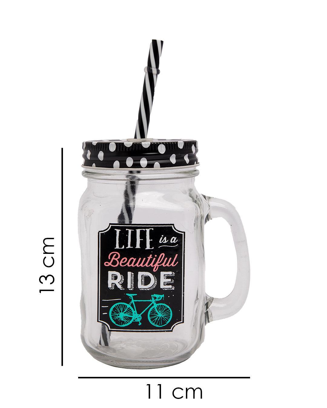 Mason Jar, with Straw & Lid, Black, Glass, 450 mL - MARKET 99