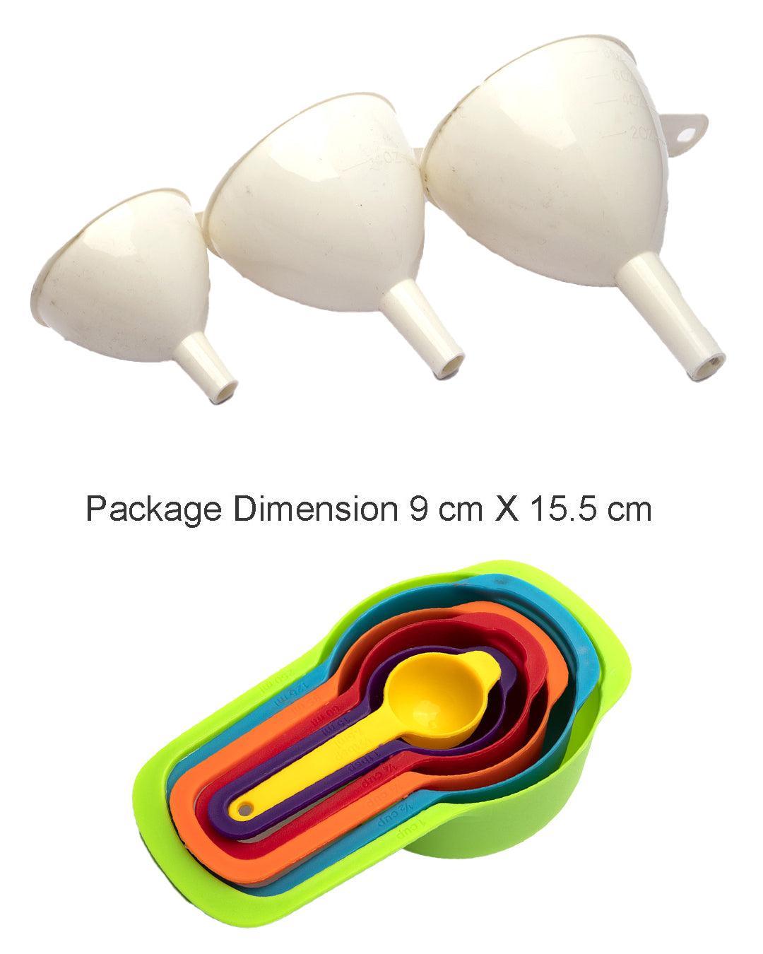 Measuring Spoon, with Funnel Set, for Kitchen, Multicolour, Plastic, Set of 3 Funnels, Set of 6 Spoons - MARKET 99
