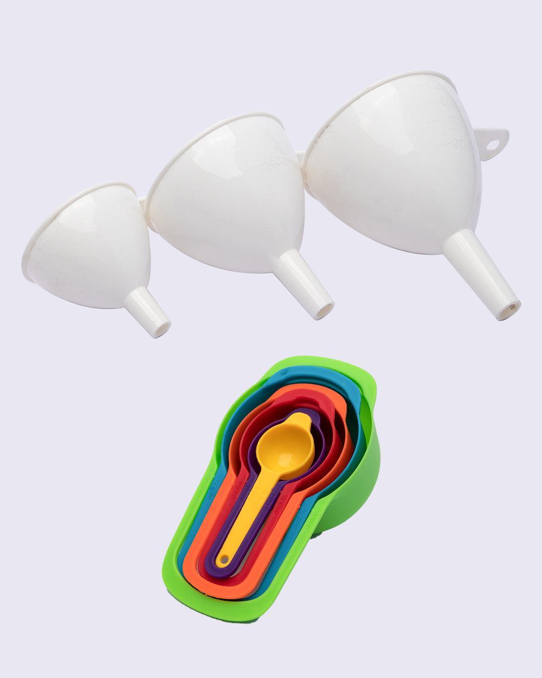 Measuring Spoon, with Funnel Set, for Kitchen, Multicolour, Plastic, Set of 3 Funnels, Set of 6 Spoons - MARKET 99