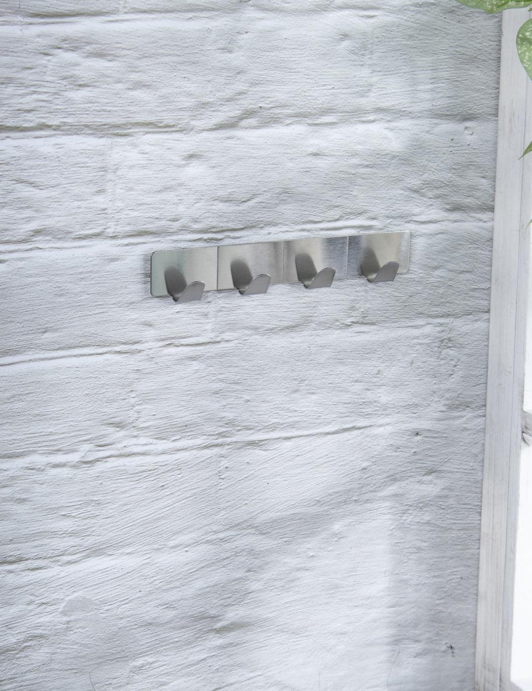 Metal Sticky Hook Bar with 4 Knobs Self Adhesive Back, Silver, Stainless Steel - MARKET 99