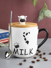 "MILK" Coffee Mug With Lid -  450mL, Long Stirring Spoon