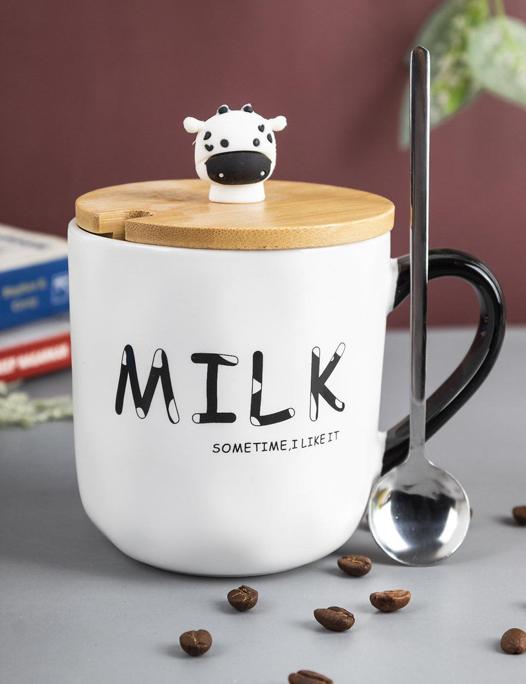 "MILK SOMETIME I LIKE IT" Coffee Mug With Lid -  450mL, Long Stirring Spoon