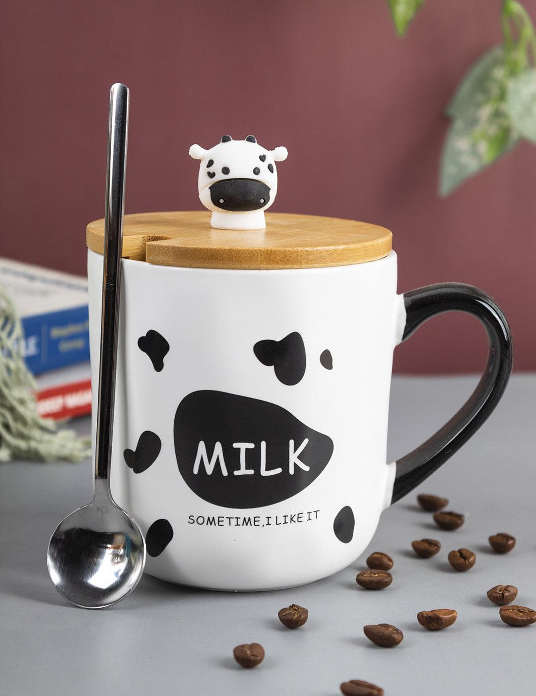 "MILK SOMETIME I LIKE IT" Coffee Mug With Lid -  450mL, Mixing Spoon