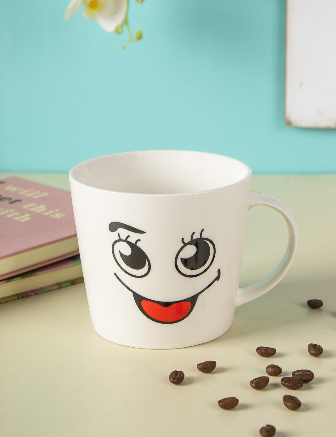 Mug, Emoji Print, for Tea & Coffee, White, Ceramic, 450 mL (Product Images) Issue - MARKET 99