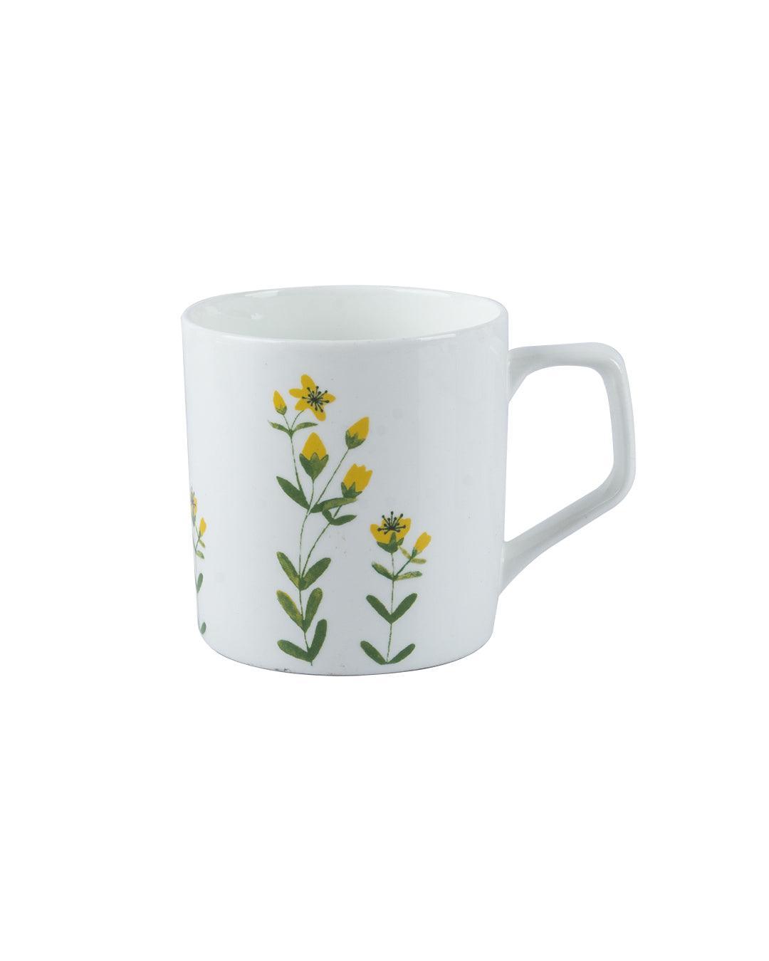 'Mustard' Drinkware Glossy Ceramic Coffee Mug ( White & Floral Plant, Set Of 6, 230 mL)