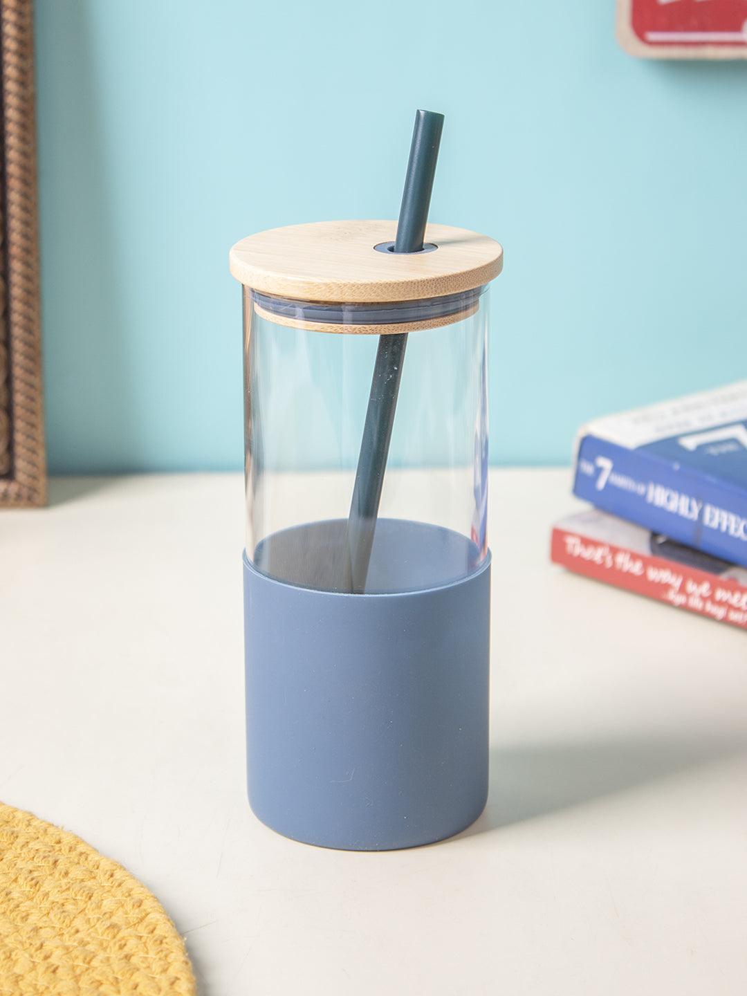 Navy Blue Borosilicate Glass Sipper With Straw - 350 Ml