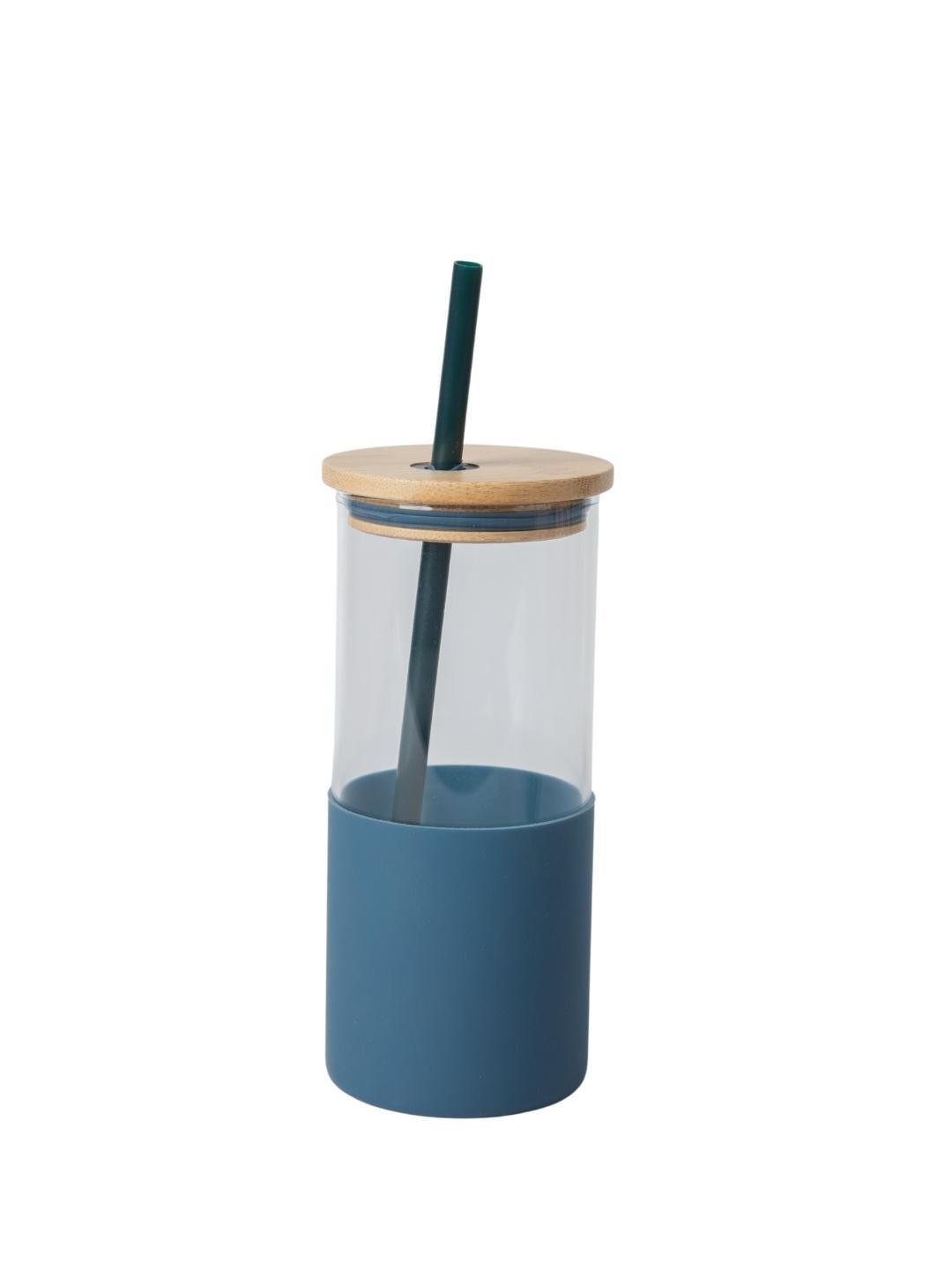 Navy Blue Borosilicate Glass Sipper With Straw - 350 Ml