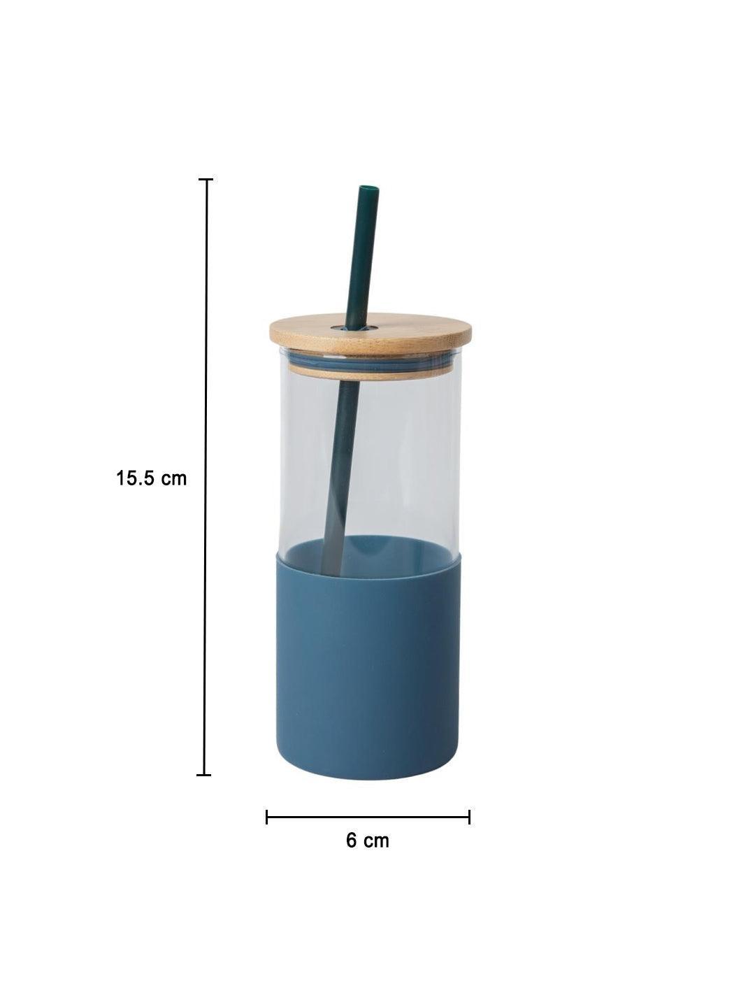 Navy Blue Borosilicate Glass Sipper With Straw - 350 Ml